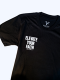 Black t-shirt with 'Elevate Your Faith' text on a white background